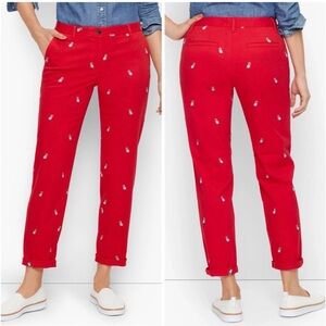 NEW $99 TALBOTS Relaxed Chinos Red Twill - Frenchie Dog,Critter Emb Pants Sz 8